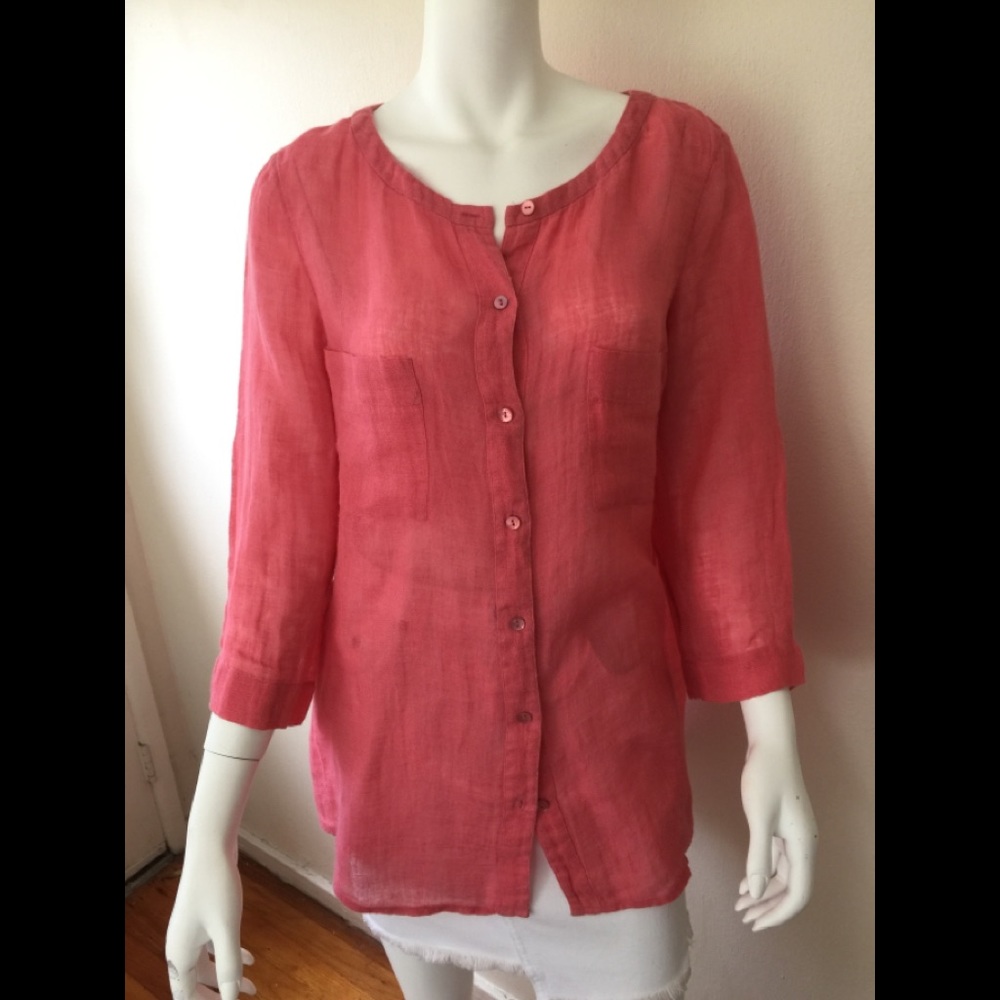 Eileen Fisher coral linen 3/4 sleeve hilo shirt